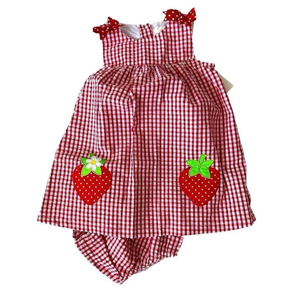 NWT Rare Editions 2PC Baby Girl Gingham Strawberry Dress & Diaper Cover Size 24M - Picture 1 of 2